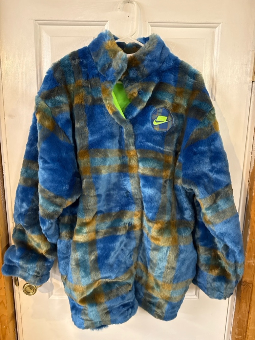 Nike Faux Fur Plaid Jacket Volt Swoosh Sherpa Streetwear Blue Green Coat- Small